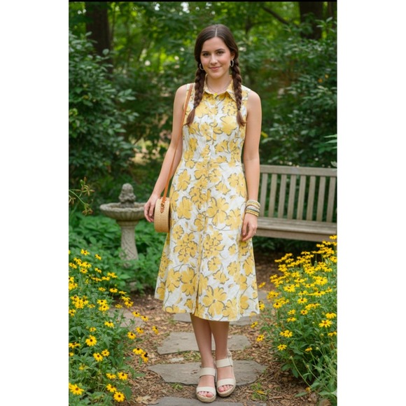 karin stevens Dresses & Skirts - Karin Stevens Petites Yellow Floral Cotton Sleeveless Button Front Midi 10P
